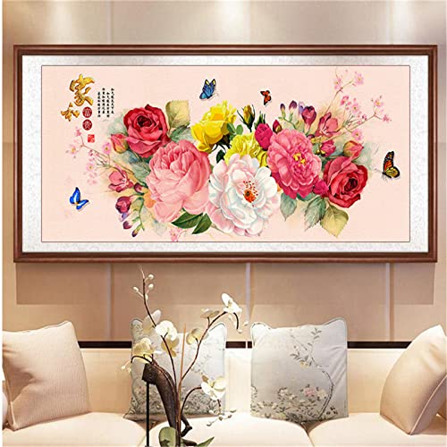 Broderie diamant 60x180cm grand format pivoine pour décoration salon