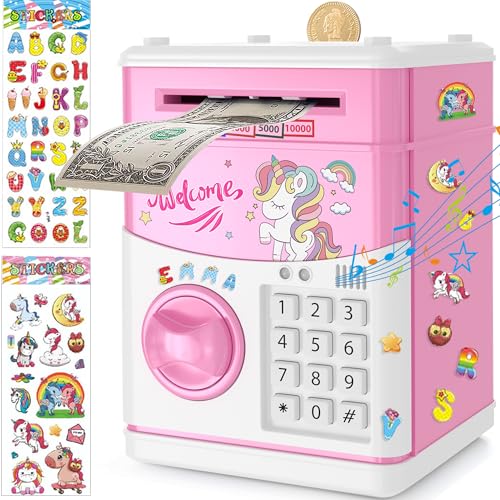 JUNEU Unicorn Piggy Bank for Kids, Gifts for 5 6 7 8 9 10 Year Old Girls, Kids Electronic Piggy Bank, Girls Birthday Gifts, Educational Toys for Girl Boys, Kid Money Saving Box, Mini ATM Coin Bank