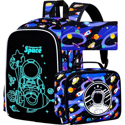 KLFVB 3PCS Boys Astronaut Backpack, Luminous School Backpacks wit...