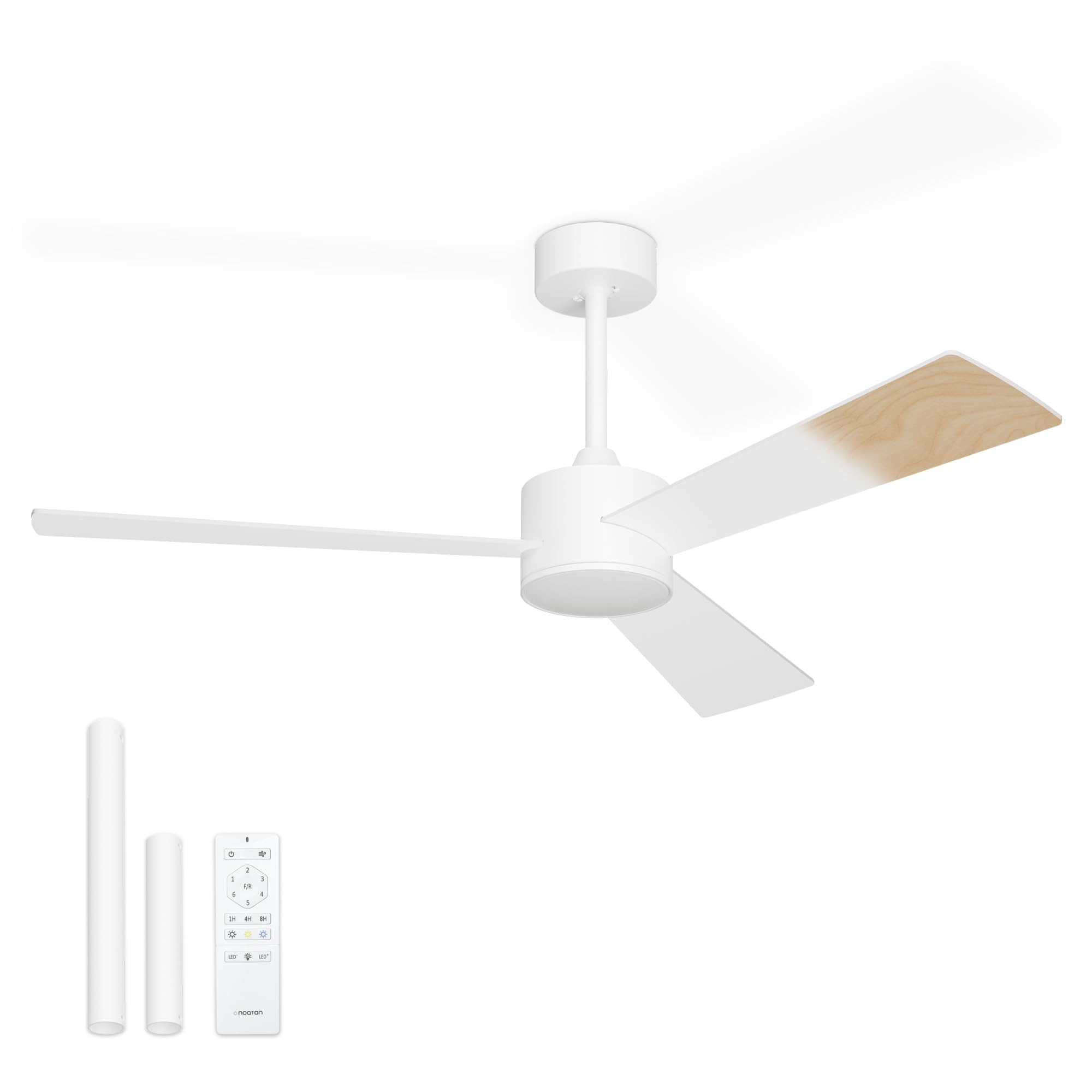 Noaton Ceiling Fan with Remote Control, Lepus, Adjustable Light, Ultra Quiet, 6 Speeds, Timer, White/Natural Wood, Summer-Winter Function, Ø132 cm, Extension Rod