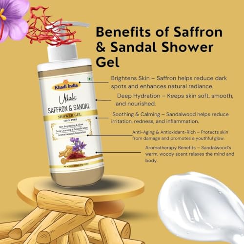 Image of Khadi Saffron & Sandalwood Body Wash Gel 300 ml | Brightening, Hydrating & Soothing | Antioxidant Rich, Anti Aging | Woody Aroma | Body Wash Shower Gel For Women & Men | All Skin Types