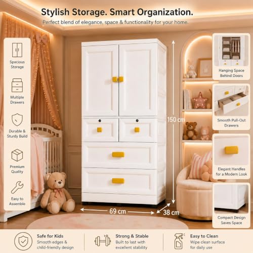 Image of HIWARE Premium Modular Wardrobe for Bedroom, Kids Room and Home | Spacious Clothes Storage Cabinet with Drawers and Shelves | Modern Stylish Design, Heavy Duty, Multiuse Organizer -MS18942