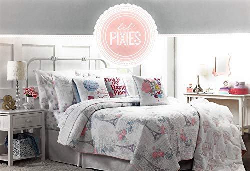 Lil Pixies 100% Cotton Reversible Kid's Paris Toile Quilt Set Eiffel Tower Bicycles French Gondola Hot Air Balloon Floral Music Script Pink Lavendar Aqua White (Twin)