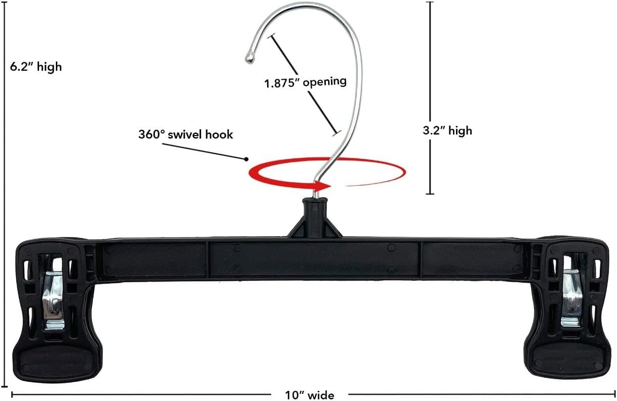 NAHANCO Plastic Skirt/Pant Hangers with Pinch Grips, Metal Swivel Hook - 10" Black (Pack of 200)