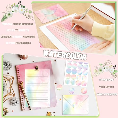 Image of TaoBary 160 Pcs Stationery Paper Set 50 Double Sided Stationery Papers with 50 Matching Envelopes and 60 Round Dot Sticker, 10 Design(Watercolor,8.5 x 11 Inch)