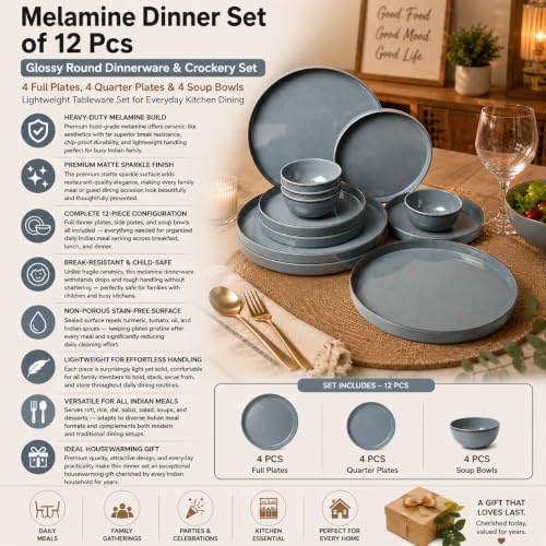 Image of MARKET 99 Melamine Dinner Set of 12 Pcs | Glossy Round Dinnerware & Crockery Set | 4 Full Plates, 4 Quarter Plates & 4 Soup Bowls | Lightweight Tableware Set for Everyday Kitchen Dining