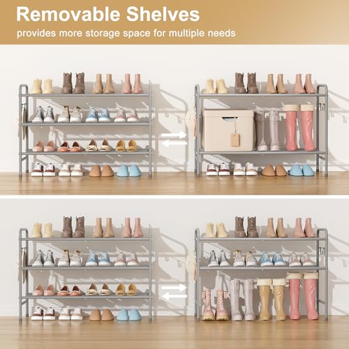 Image of VILICK 3 Tier Shoe Rack 33 inch Wide Metal Shoe Organizer Long Shoe Storage with 4 Side Hooks Sturdy Shoes Shelf for Front Door Entrance, Closet, Garage, Dorm, Grey