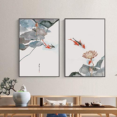 Affiches lotus et bambou d'Asie sur toile de coton pour décoration murale chic