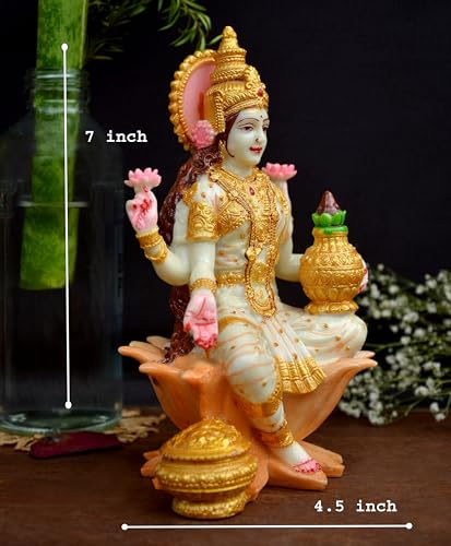 Image of Marble Dust Laxmi Ji Sculpture for Pooja Room I Desk Organizer Spiritual God Idols for Decorative Showpiece Hindu Goddess Diwali Gifts Home Decor (7 X 4.5) inch