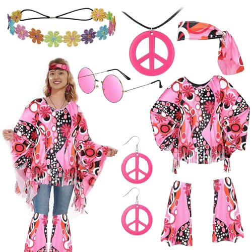 Xiujuers Disfraz Hippie Mujer, Disfraces Hippies Mujer con Pulsera, Diadema, Pendientes, Collar, Gafas de Sol, Disfraz de Hippie Mujer, Vestido Hippie Mujer Disfraz, Hippie Disfraz Carnaval Mujer