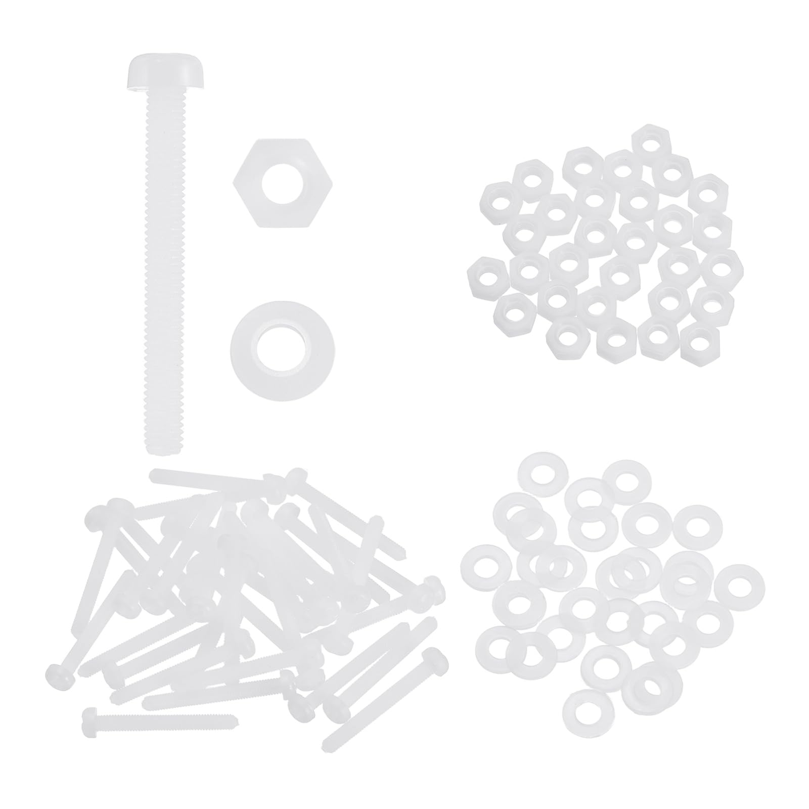 sourcing map 30 Set M3x25mm Nylon PA66 Plastic Cross Round Head Screw Phillips Bolts Hex Nuts Flat Washers Assortment Kit, Metric Full Thread Bolt Fasteners for DIY Machine Assembly, White — image 1