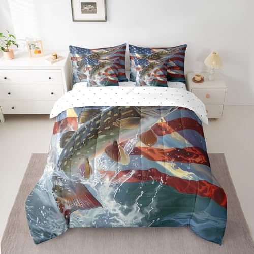 Feelyou American Flag Big Pike Fish Comforter Set with Sheets Bass Big Fish 7 Piece Bedding Set for Kids Boys Girls Hunting Fishing Bed in a Bag Soft Bed Set Twin Size