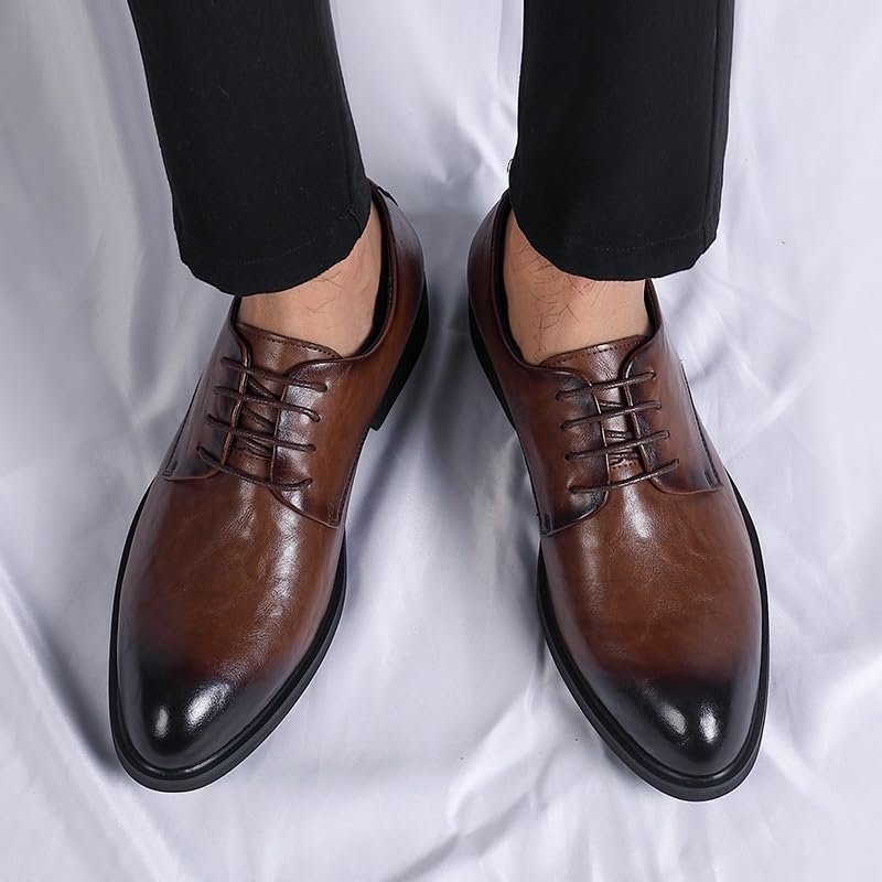 Shoes Dress Oxford for Men Lace Up Pointed Burnished Toe Vegan Leather Derby Shoes Low Top Anti-Slip Block Heel Party4