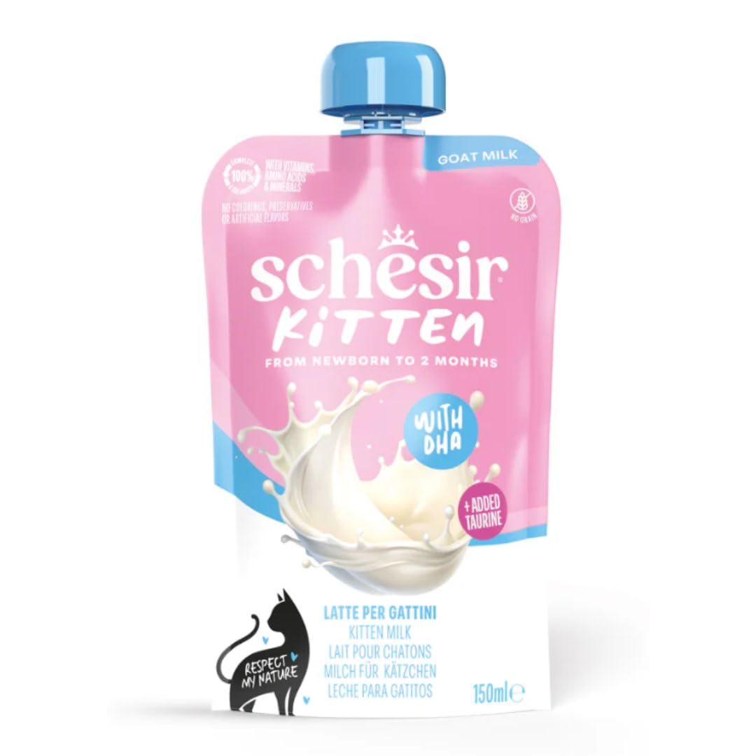 ANIMALUJOS - Kit Lactancia Gatitos con 6xLeche de Cabra Schesir 150ml Incluye Biberón Tetina Cepillo, Alimento Completo Sin Cereales con DHA Taurina para Cachorros Recién Nacidos