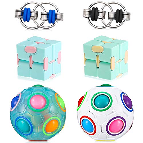 Skylety 6 Pieces Handheld Mini Fidget Toy Set Includes 2 Infinity Cube 2 Rainbow Ball 2 Key Flippy Chain, Magic Fidget Puzzle Toy Brain Teaser with 11 Rainbow Colors for Teens and Adults