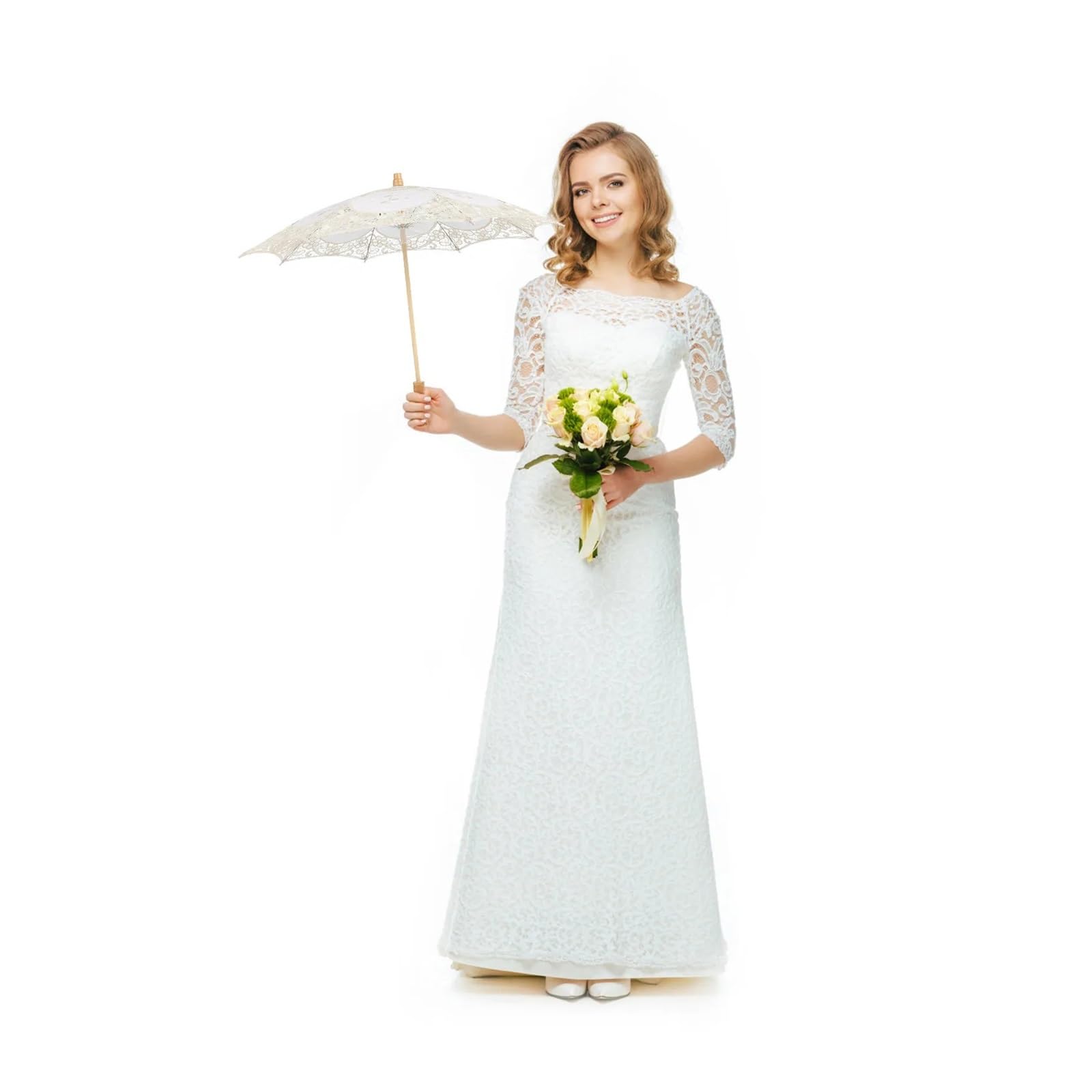 Hochzeit Spitzen-Sonnenschirm Spitze Baumwollschirm Beige Holz H faltbar gemacht Fotografie Requisite Hochzeit Braut Sonnenschirm Stickerei Dekoartikel für Fotografie, Hochzeitsdekoration