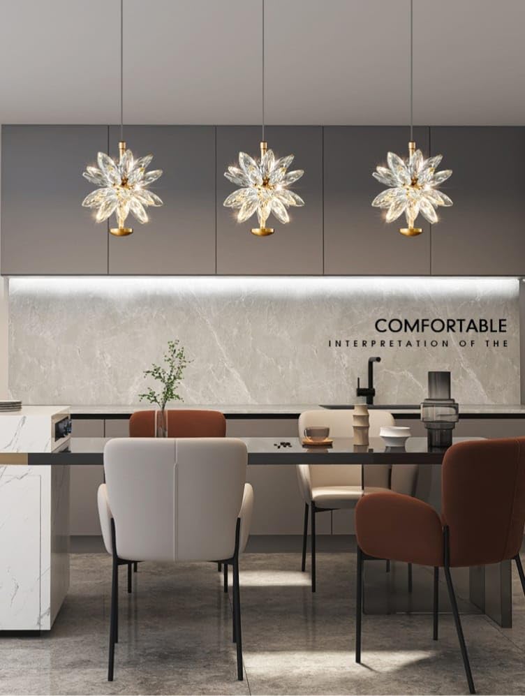 Image of Glowave Modern Gold Finish Luxury Crystal Flower LED Bedside Pendant Hanging Light Ceiling Lamp Light Fixture - Trichromatic | Warm White, White, Natural White | (844-1P Flower)