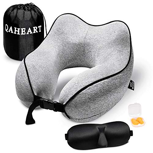 100% Pure Memory Foam Travel Pillow, Breathable & Comfortable Neck Pillow with Removable, Machine Washable Pillowcase, Travel Kit with Airplane Pillow, Storage Bag, Sleep Mask and Earplugs (# Grey)