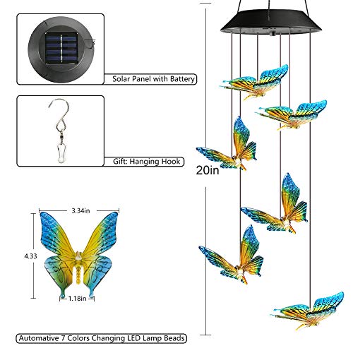 Image of Toodour Solar Wind Chime, Color Changing Wind Chimes Butterfly, LED Decorative Mobile, Gifts for Mom Grandma, Waterproof Outdoor Decorative Lights for Garden, Patio, Yard, Window, Outdoor Decor