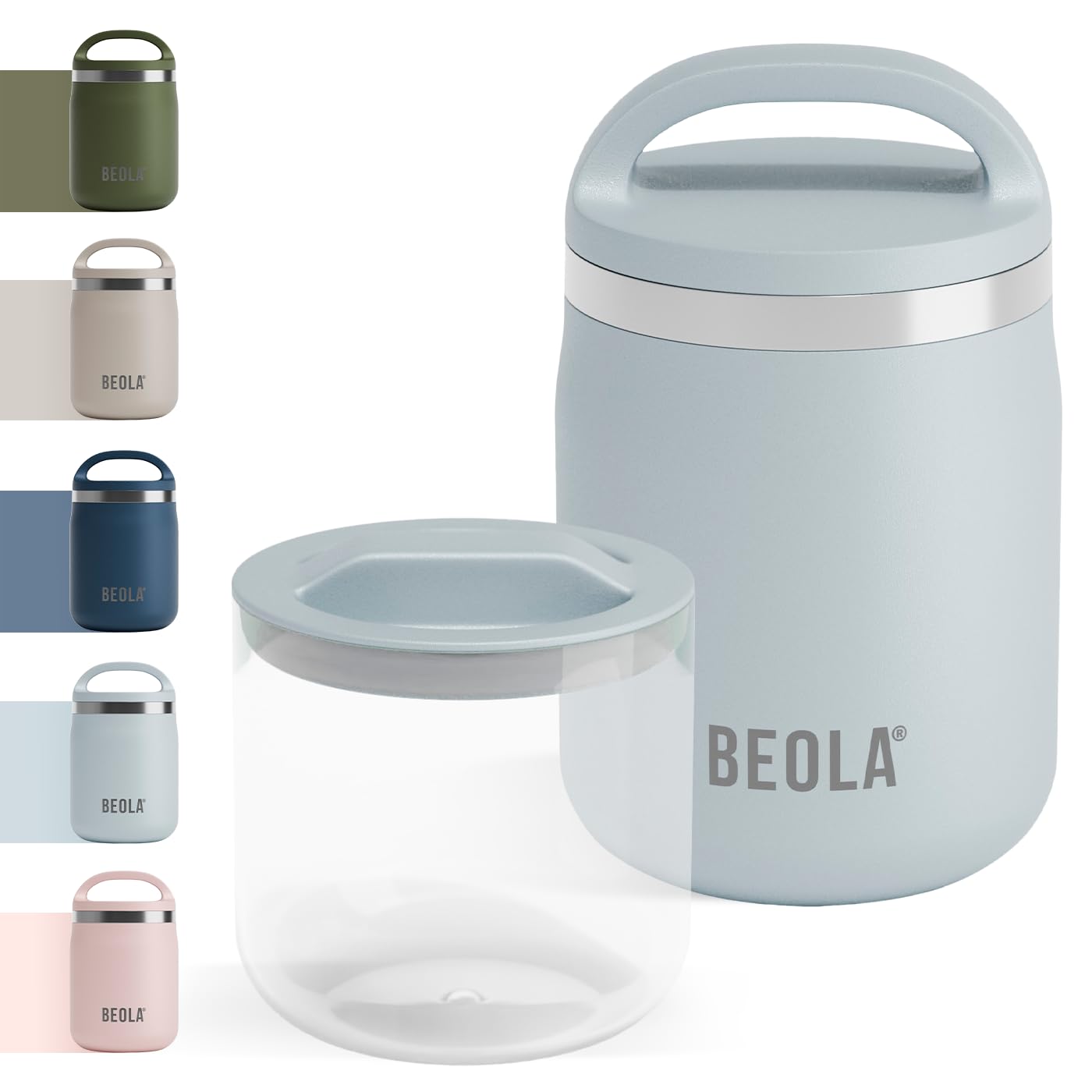 BEOLA 600ml Food Jar Lunch Box Food Thermos Stainless Steel Double Wall Insulated Travel Food Flask with Snack Tritan Container for Kids, Adults, 20oz (Ice Blue)