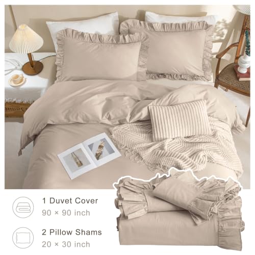 Image of QSH Beige Khaki Ruffle Duvet Cover Queen Size Washed Cotton,3Pcs Linen Feel Farmhouse Shabby Vintage Boho Chic Ruffled Bedding Set French Country Rustic Comforter Cover Aesthetic Soft Quilt Cover Set