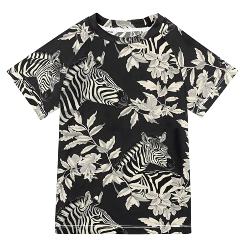 ALAZA Boys Swim Shirt Short Sleeve Rash Guard for Boys Girls UPF 50+ Zebra and Plants 9-10T