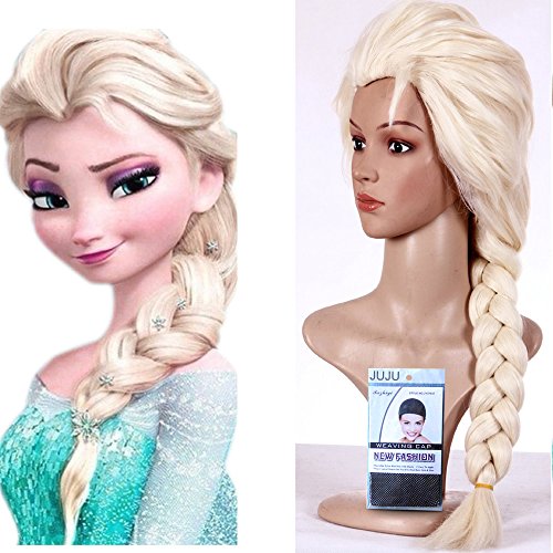 JUJU® New Princess Frozen Snow Queen Elsa Weaving Braid Light Blonde Cosplay Wig + Free Stretchable Net Mesh Fishnet Elastic snood cap