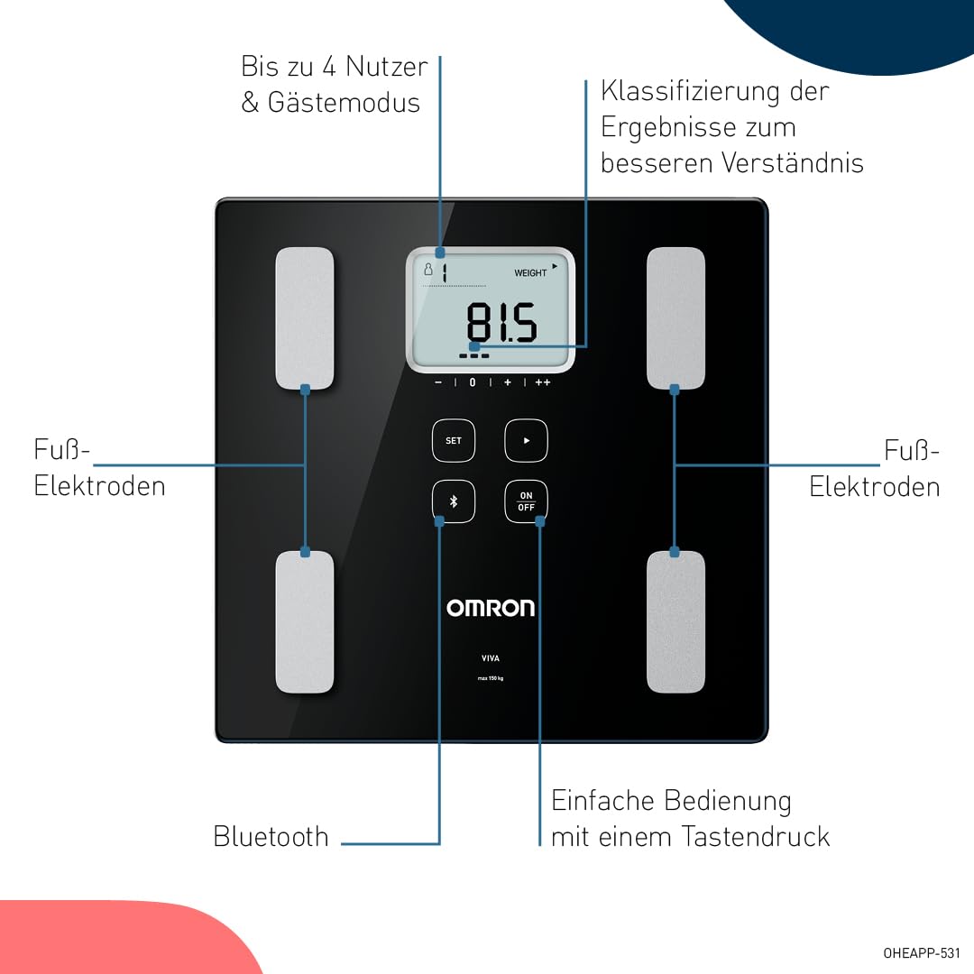 OMRON VIVA Personenwaage bietet präzise Gewichtsmessung, kombiniert mit Körperfettwaage für Viszeralfett, Muskel, Stoffwechsel, BMI sowie Herzgesundheit und Bluetooth-Sync zur OMRON Connect App