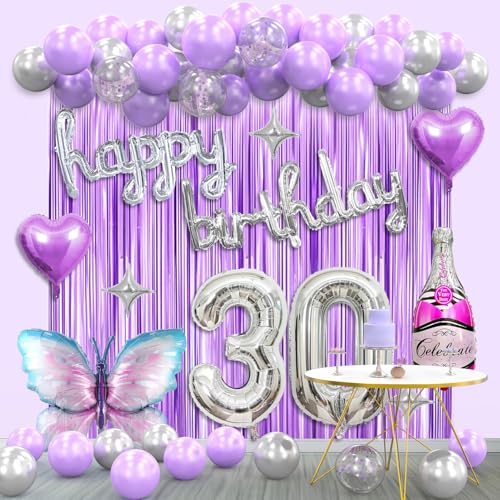 30th Birthday Decorations for Women Her ,Lavender Purple Silver Butterfly Happy 30 Birthday with Banner, Number 30 Balloons, Balloon Arch Kit for 30 years old Bday Party Supplies