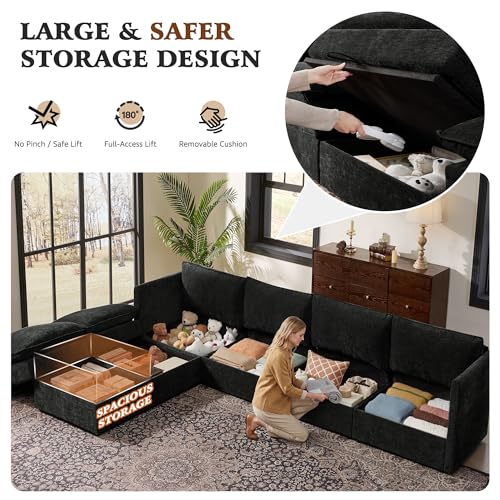 Image of Ihanherry 135 inch Modular Sectional Sofa with Storage, U Shaped Cloud Couch with Movable Ottomans & 4 Pillows, Chenille Deep Seat Sectional Couches for Living Room, Apartment (Black)