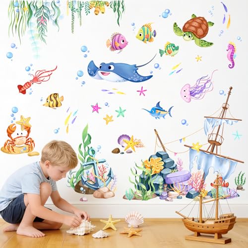 Tanlaby Under The Sea Ocean Wall Decals Fish Seaweed Sea Turtle Wall Stickers for Kids Toddlers Bedroom Living Room Baby Nursery Wall Decor