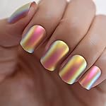 Rainbow Chrome Fake Nails Short Squoval Glossy Gorgeous Press On Nails Full Cover Shiny Fingernail Tips 24 CT