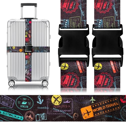 Image of Gutsdoor Luggage Straps for Suitcases Adjustable Travel Belt, Connector Holds Suitcase Bright Colorful Identifiers Travel Bag Accessories (Airplane Black)