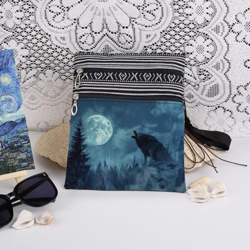 Wolf Art Print Crossbody Bag Moon Wolf Print Messenger Bag Adult Teens Halloween Thanksgiving Christmas Gift Adjustable Shoulder Strap Birthday Christmas Crossbody Purse3