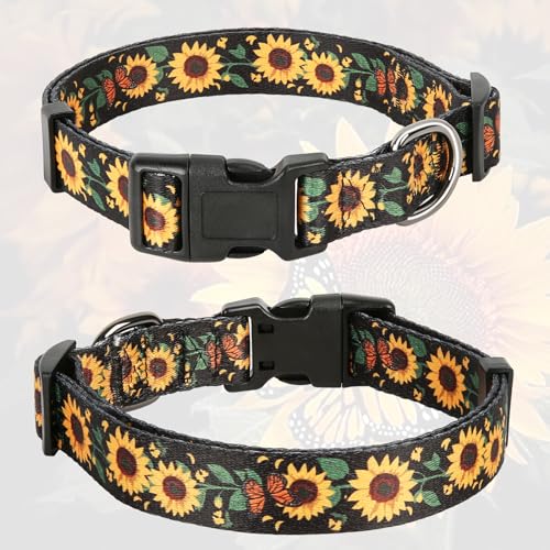 Image of HEELE Dog Collar, Adjustable Soft Dog Collar for Small Medium Large Dogs,Sunflower Floral Patterned Puppy Collars with Quick Release Buckle Sunflower Black S Length 9.84''-14.96'