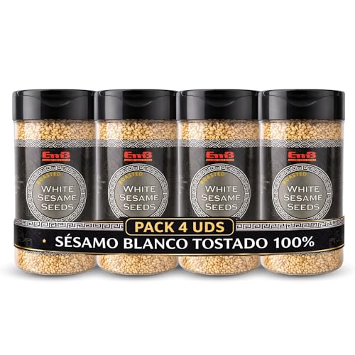 Semillas de sésamo blanco, Alto contenido en proteína calcio y antioxidantes, ideal dietas vegetarianas y veganas, Apto para shushi, cocina asiática makis, nigiris y poke bowls, Pack 4 botes de 100 g