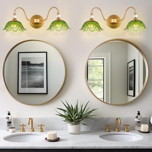 Image of Vintage Bathroom Vanity Light, 2-Light Matte Brass Finish Vanity Light with Floral Green Glass Shades, Retro Wall Sconce for Bathroom, Dressing Table