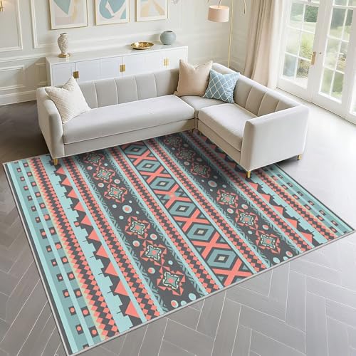 Tapis de restaurant résistant bleu 70x100cm géométrique rose