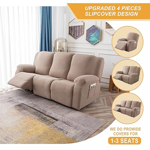 Image of Genina Recliner Cover Stretch Couch Covers, Sofa slipcover for Reclining Couch Thick Jacquard Furniture Protector Washable (Taupe, 3 Seat)