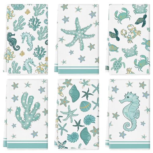 QIONG MENG Summer Kitchen Towels 14x21 Inch Coastal Decor Beach Kitchen Dish Towels Ocean Hand Towels Seasonal Holiday Anniversary Indoor Bathroom Decoration Set of 6