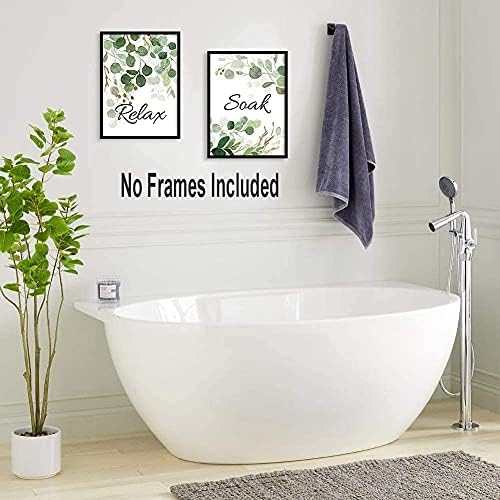 KAIRNE Green Leaf Art Print,Relax Soak Wall Art Canvas,Watercolor Style Plant Wall Decor Set of 4(8X10,Unframed) Botanical Bathroom Quotes Wall Decor for Washroom Toilet Home Wall Decoration