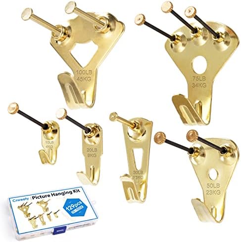 CRWEETY 129 PCS Picture Hanging Hooks, Picture Hangers 10-100lbs, Picture Hanging Hardware, Picture Hooks for Hanging with Nails on Drywall, Picture Hangers for Plaster Wall, Wall Hanging Kit
