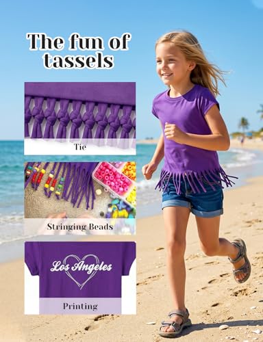 Image of Noomelfish Girls Short Sleeve Fringe T-Shirts Soft Jersey Cotton Tee Tops (3-12 Years)