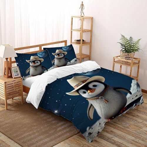 Housse de couette pingouin 200x200 cm avec 2 taies d'oreiller pour lit double