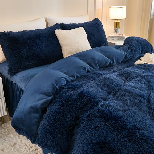 Andency Fluffy Navy Blue Comforter Set Full Size, 3 Pieces Winter Faux Fur Warm Soft Fuzzy Plush Bedding Comforter Set (1 Velvet Comforter & 2 Pillowcases), Thick Heavy Comfy Comforters Bedding Set