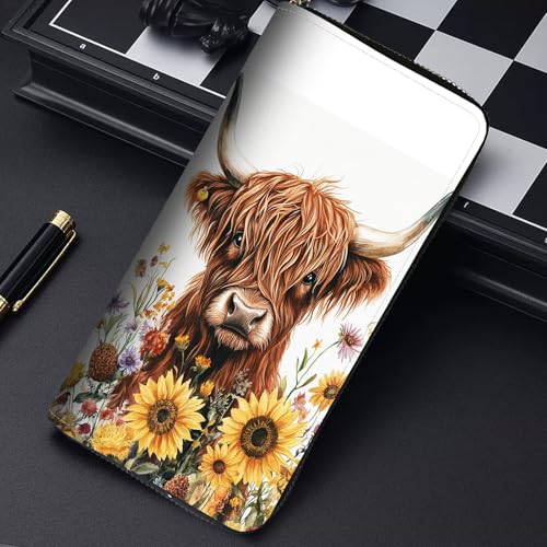 Image of RFID Blocking Leather Wallet for Women - Large Capacity Zip Around Clutch with 8 Card Slots,41 Cash Pockets & Coin Zipper,Sunflower Highland Cattle