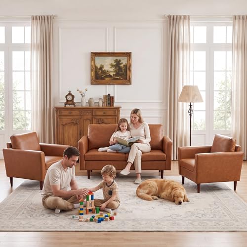Image of Kingfun 3 Piece Living Room Furniture Sets, Loveseat and 2 Armchair, Faux Leather Couch Set, Mid Century Modern Sofa Set with Solid Wood Frame for Living Room, Office, Dark Brown
