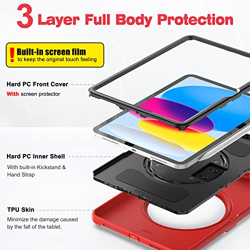 Batyue Ipad 10Th Generation Case - Shockproof Protection Cover For 2022 10.9-Inch Ipad (10Th Generation) With Screen Protector/Pencil Holder/ 360° Swivel Stand/Leather Hand Strap - Cheery Pink #TOP4