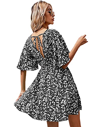 Image of Floerns Women's Tropical Floral Plunging V Neck Tie Open Back Summer Short Dress