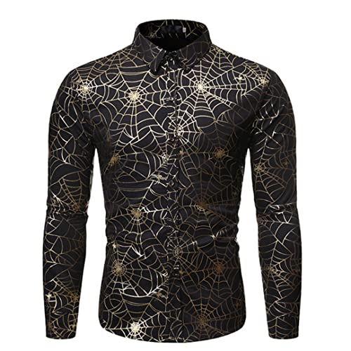 Camisa de vestir con botones para club nocturno para hombre, camisas de esmoquin de lujo, tela de araña, color negro, talla S